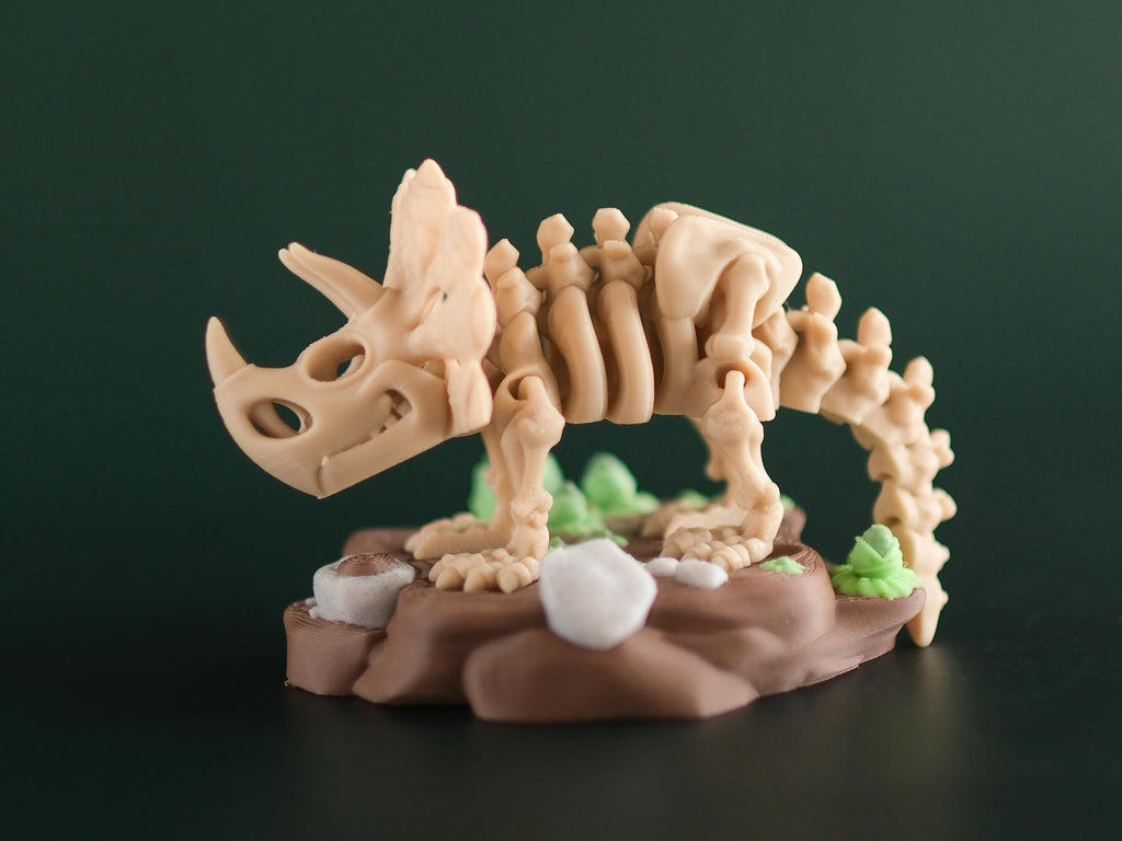 Articulated Mini Skeleton Triceratops 3D Printed Toy Set with Stand and branch treats