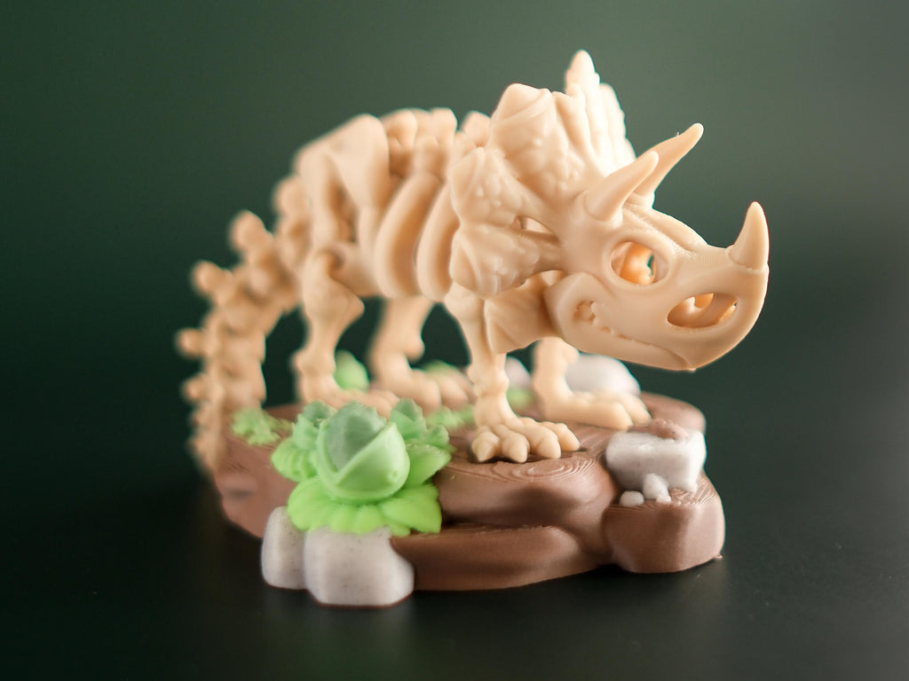 Articulated Mini Skeleton Triceratops 3D Printed Toy Set with Stand and branch treats