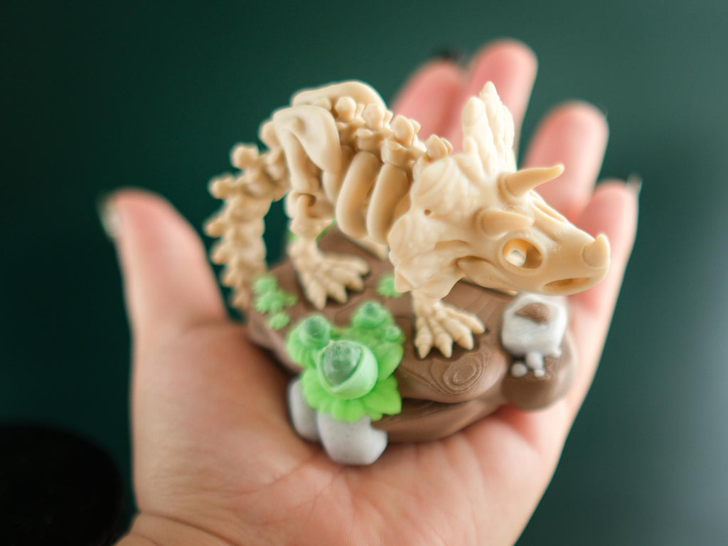 Articulated Mini Skeleton Triceratops 3D Printed Toy Set with Stand and branch treats