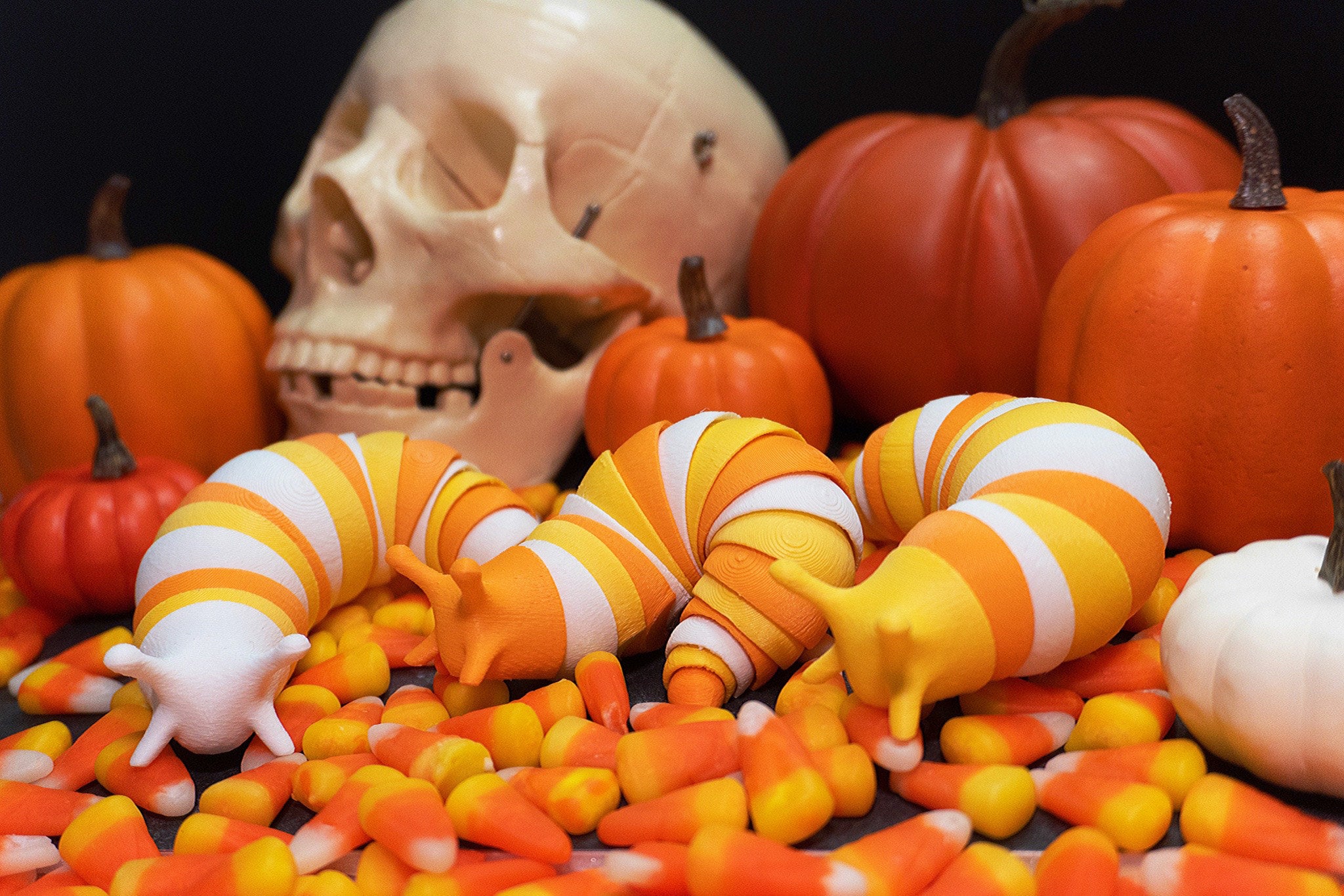 PRE ORDER for October Halloween Candy Corn Fidget Slug Toy – 6 Inch Articulated 3D Printed